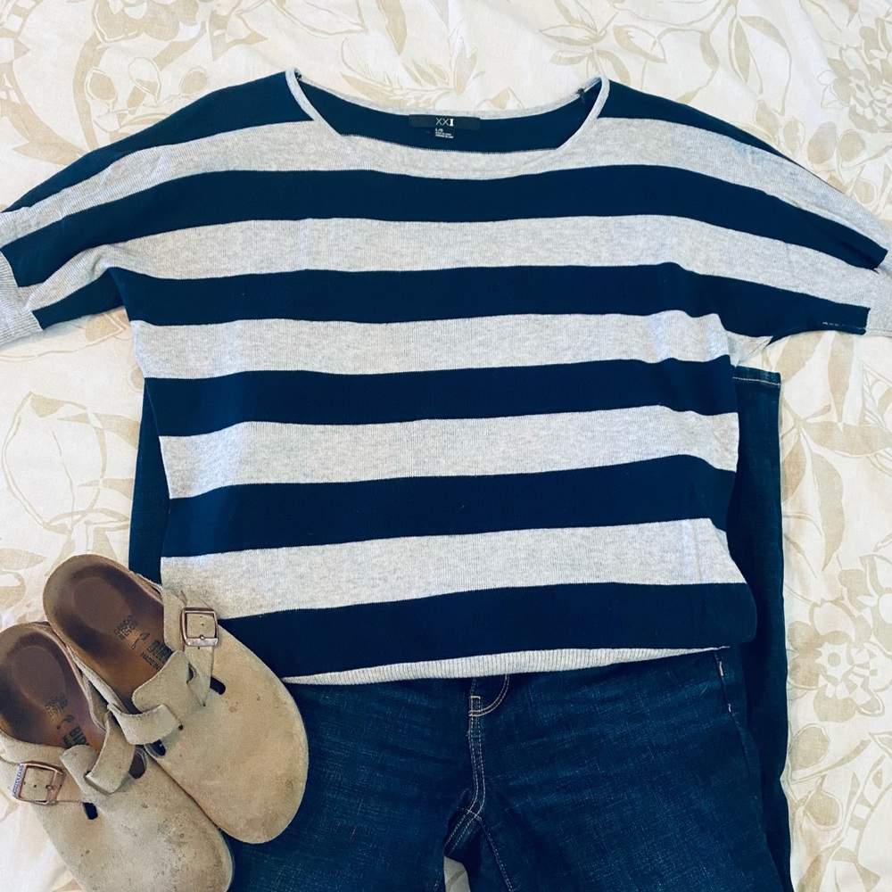 Forever 21 short sleeve navy and grey striped.sweater. Size L.